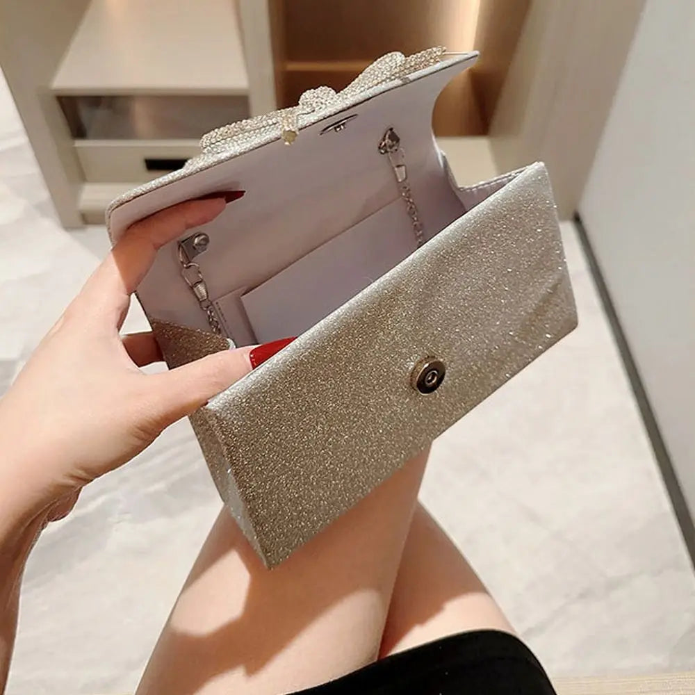 Fashion Rhinestone Bowknot Evening Bag Glitter Gold Silver Bow Chain Bag Clutch Bag for Women Female