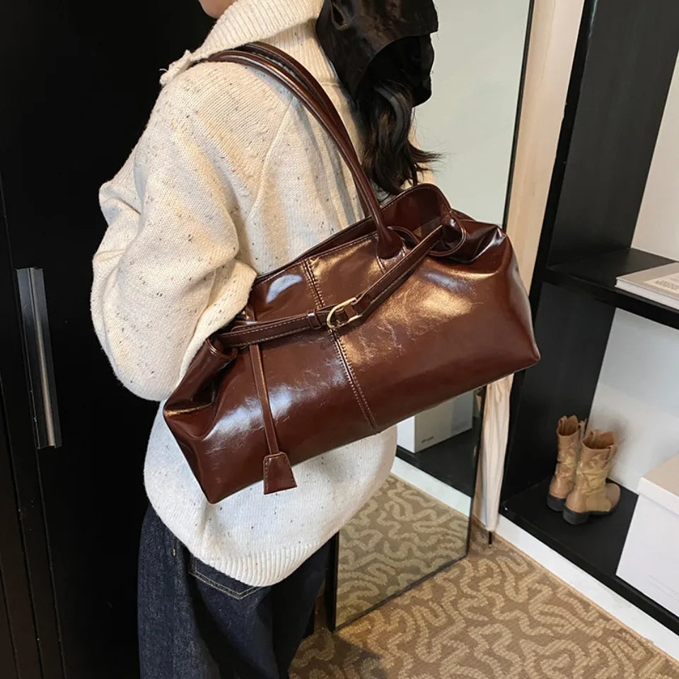 Oil PU Leather Hobo Handbag Slouchy Shoulder Bag Retro Top-Handle Bag Large Work Bags for Women Gilrls Tote Work Shopping Travel