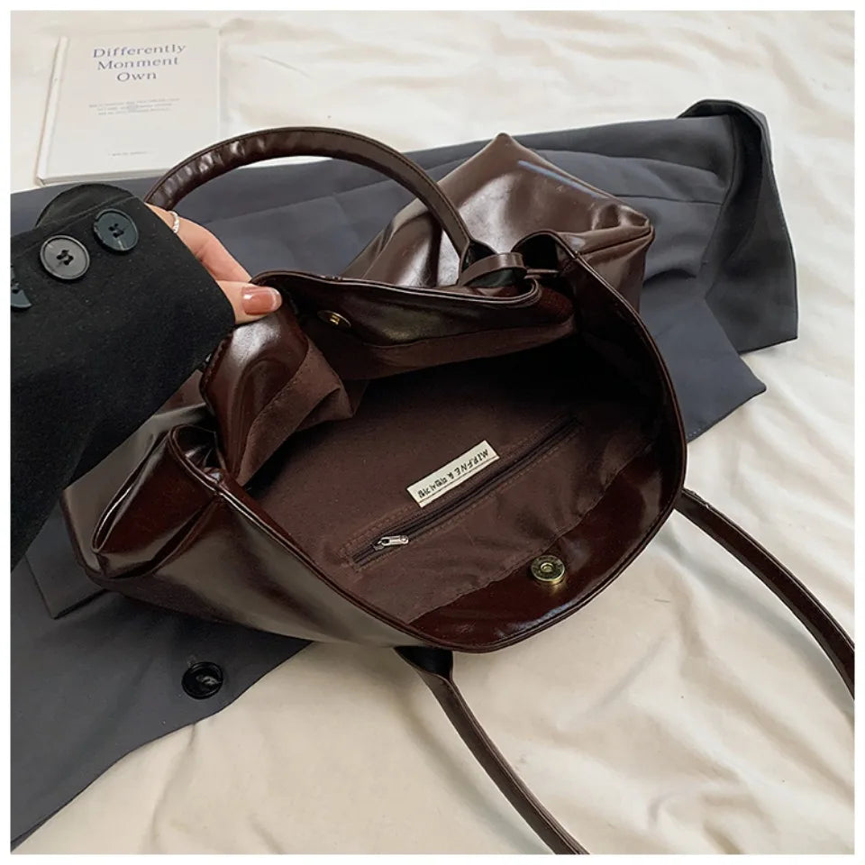 Oil PU Leather Hobo Handbag Slouchy Shoulder Bag Retro Top-Handle Bag Large Work Bags for Women Gilrls Tote Work Shopping Travel