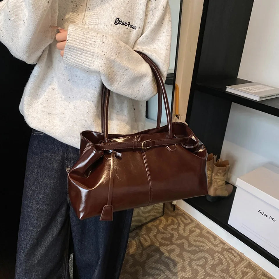 Oil PU Leather Hobo Handbag Slouchy Shoulder Bag Retro Top-Handle Bag Large Work Bags for Women Gilrls Tote Work Shopping Travel