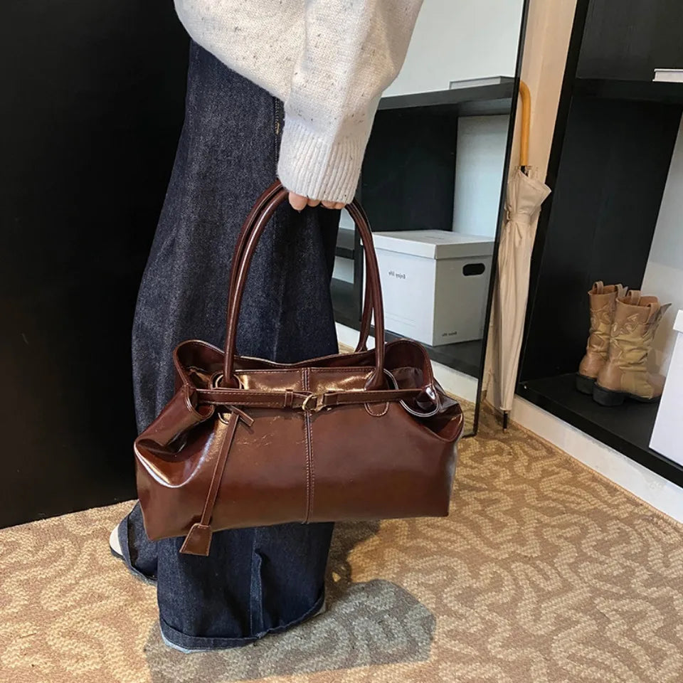 Oil PU Leather Hobo Handbag Slouchy Shoulder Bag Retro Top-Handle Bag Large Work Bags for Women Gilrls Tote Work Shopping Travel