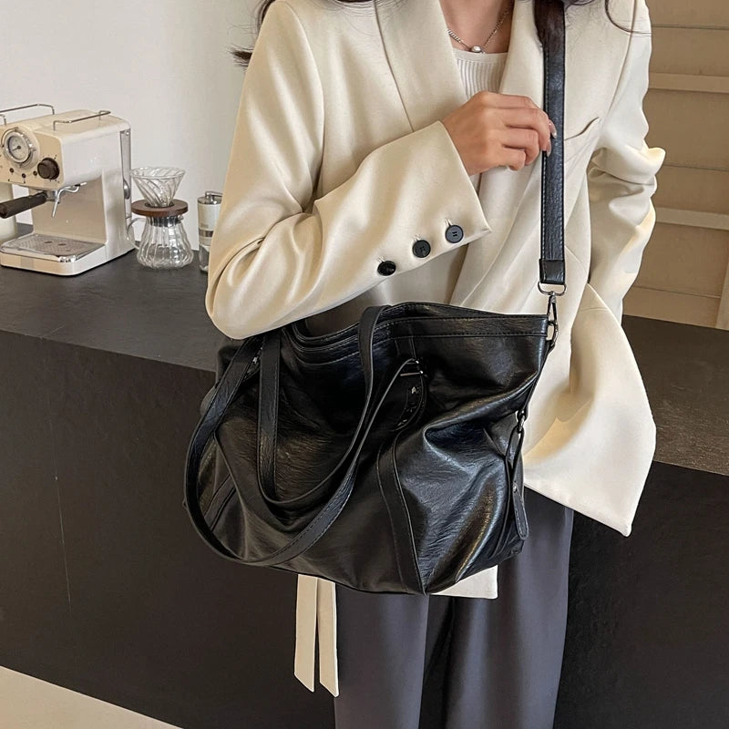 MOODS Large Sized Tote Bags For Women Soft PU Leather Pure Color Large Capacity Shopper Shoulder Crossbody Bag Quality Handbags